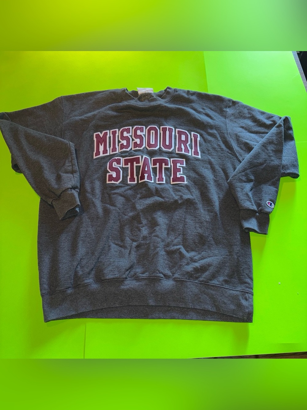 Champion Gray Missouri State Crewneck Sweatshirt with Maroon stitched Lettering